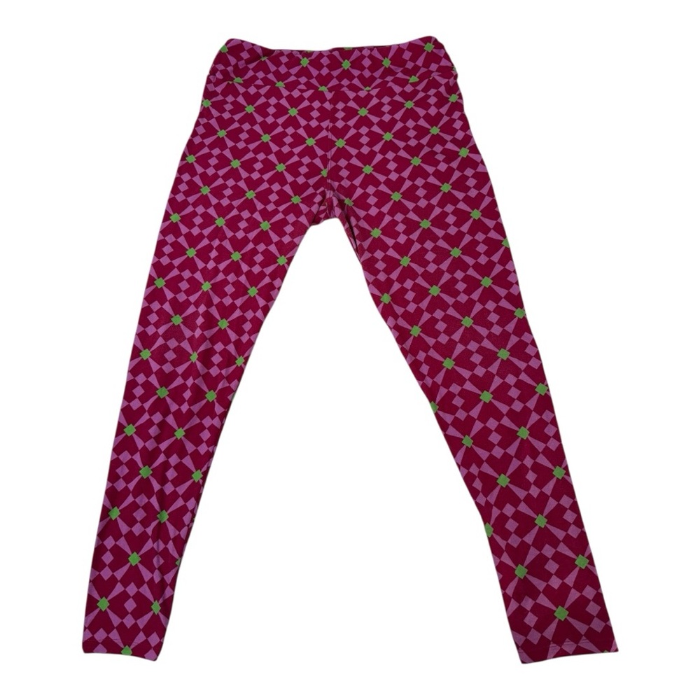 LulaRoe LLR Berry Pink & Green Pattern Leggings Size TC Tall & Curvy Size 12-18